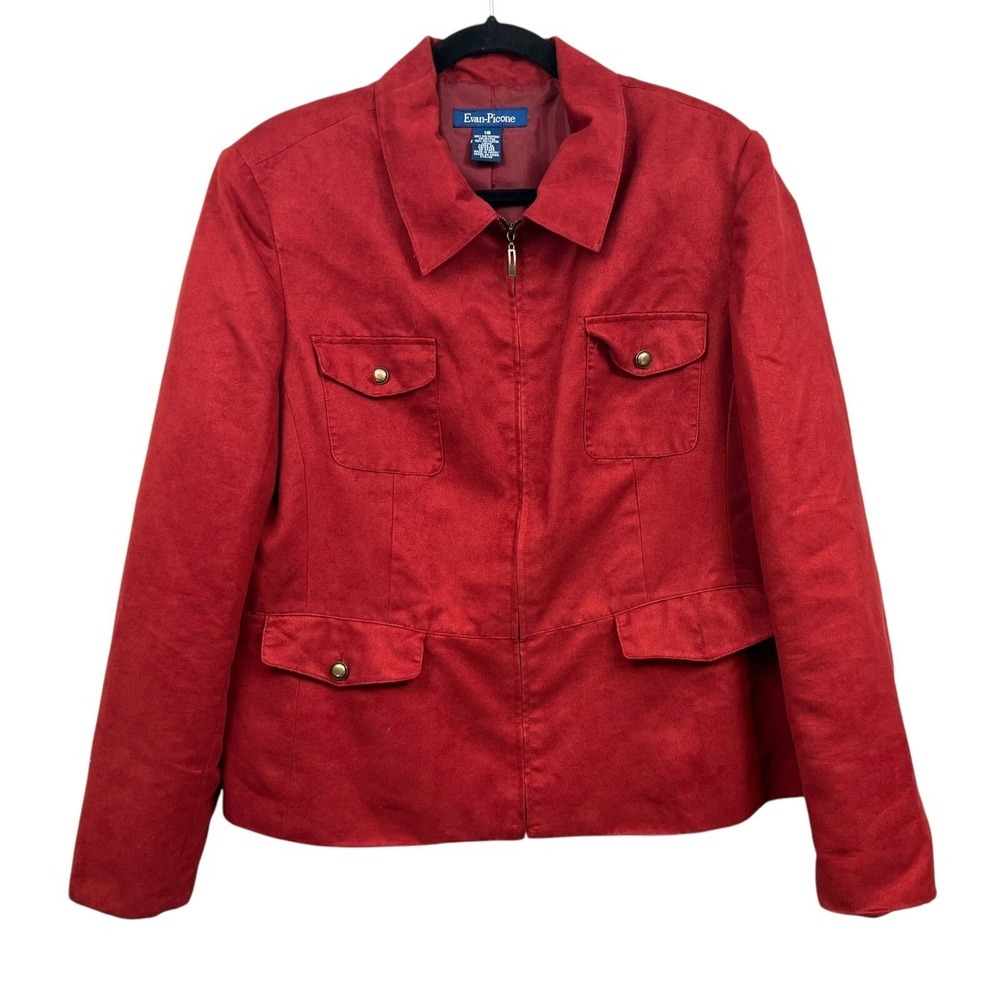 Evan Picone Womens Blazer Vegan Suede Flap Pockets Lined Zip Up Red Size 18*